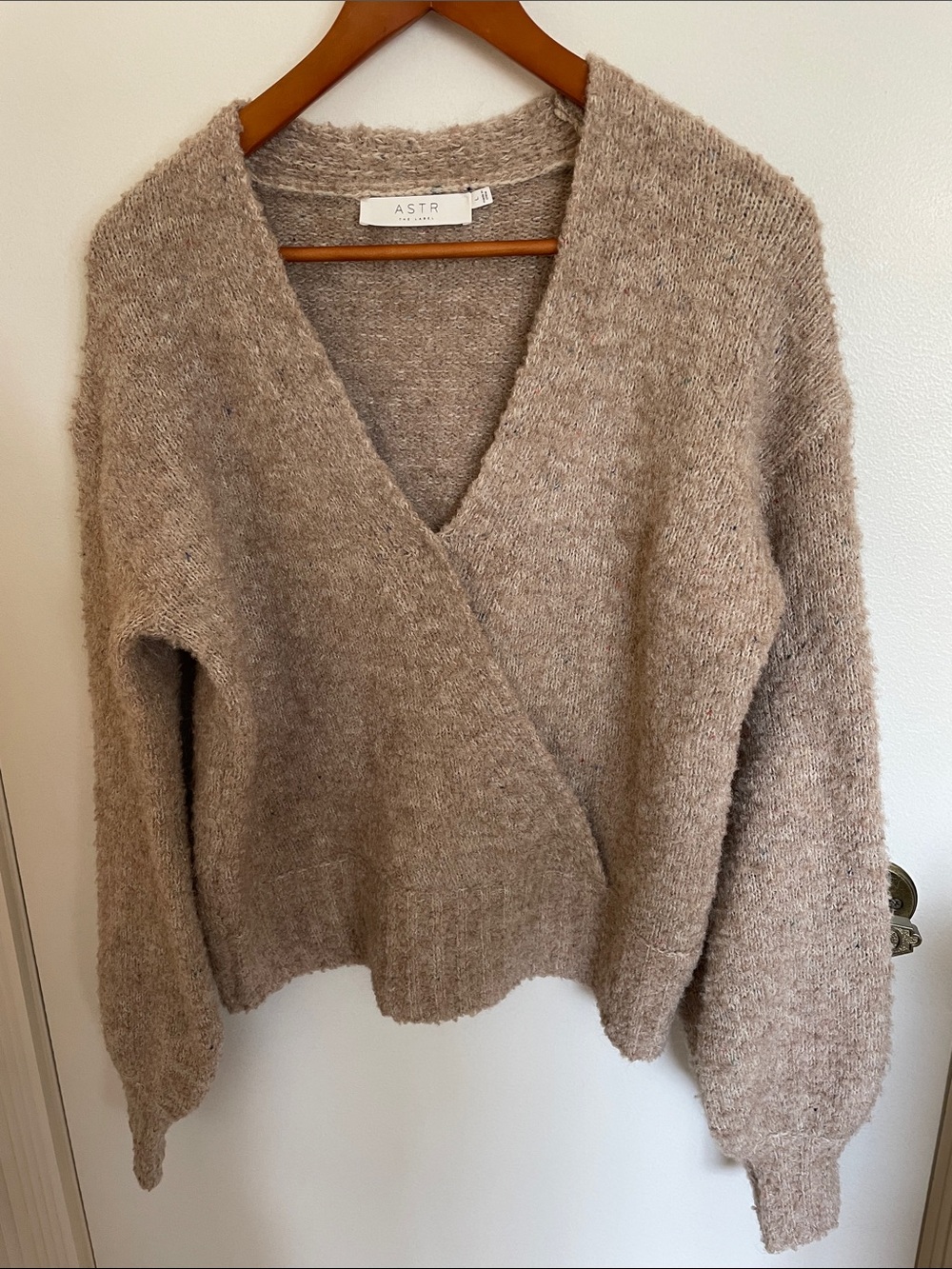 ASTR Taupe Beige Fuzzy V-Neck Wrap Sweater